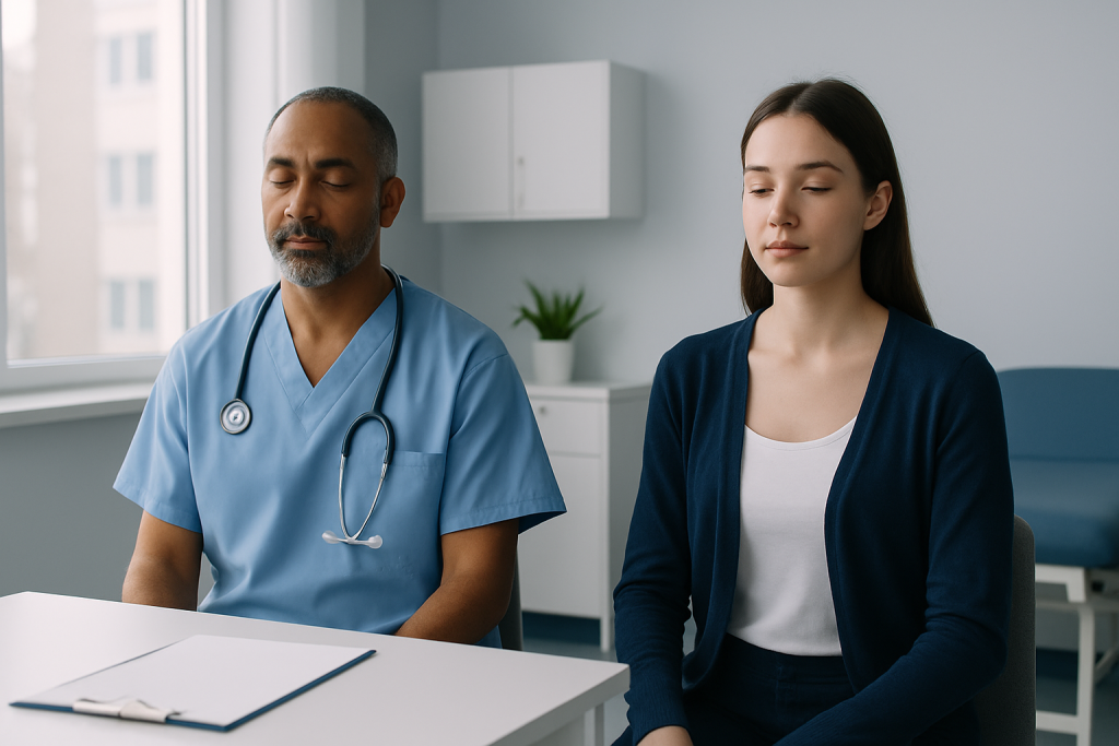 Medical consultation with a doctor and patient practicing mindfulness in a clinic.