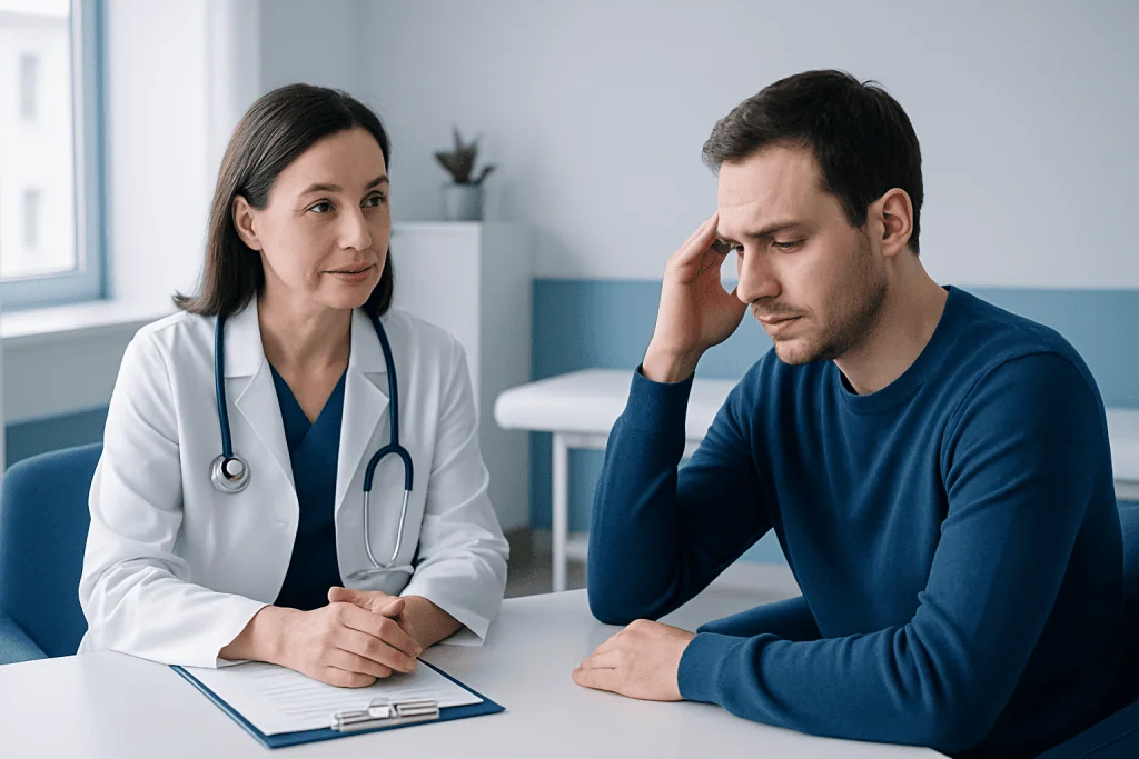 Doctor consulting a patient with a headache in a medical office.