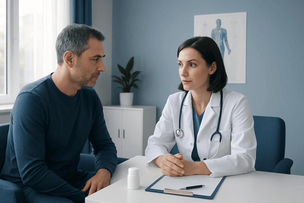 Doctor consulting with male patient in a modern medical office.
