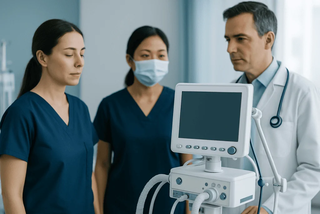 Medical team discussing patient care with ultrasound machine in hospital.