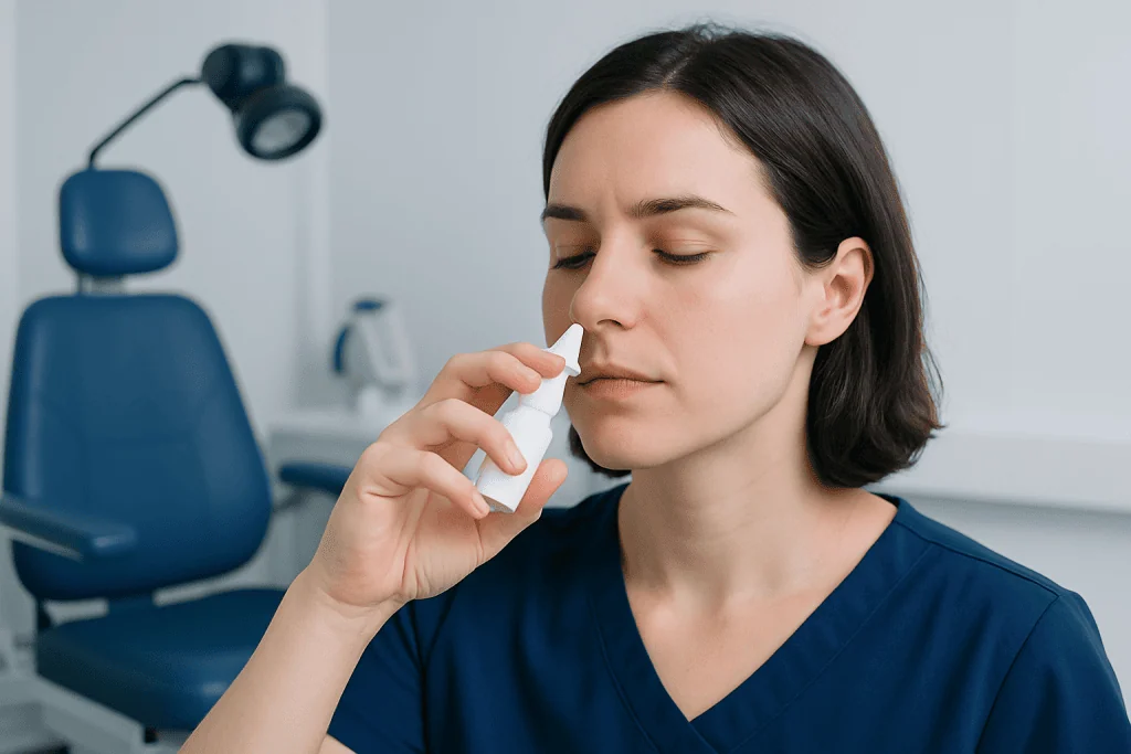 Woman using nasal spray in a medical setting for nasal health.