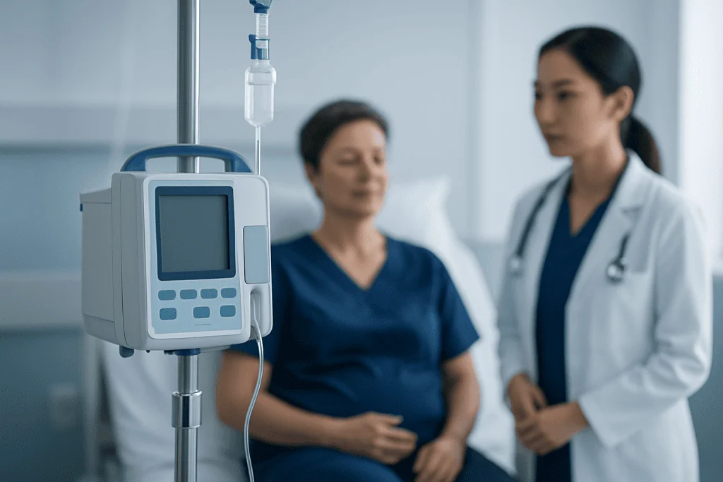 Hospital patient receiving IV treatment in a clinical setting.