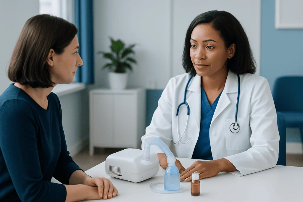 Doctor explaining nebulizer use to patient in a clinic setting.