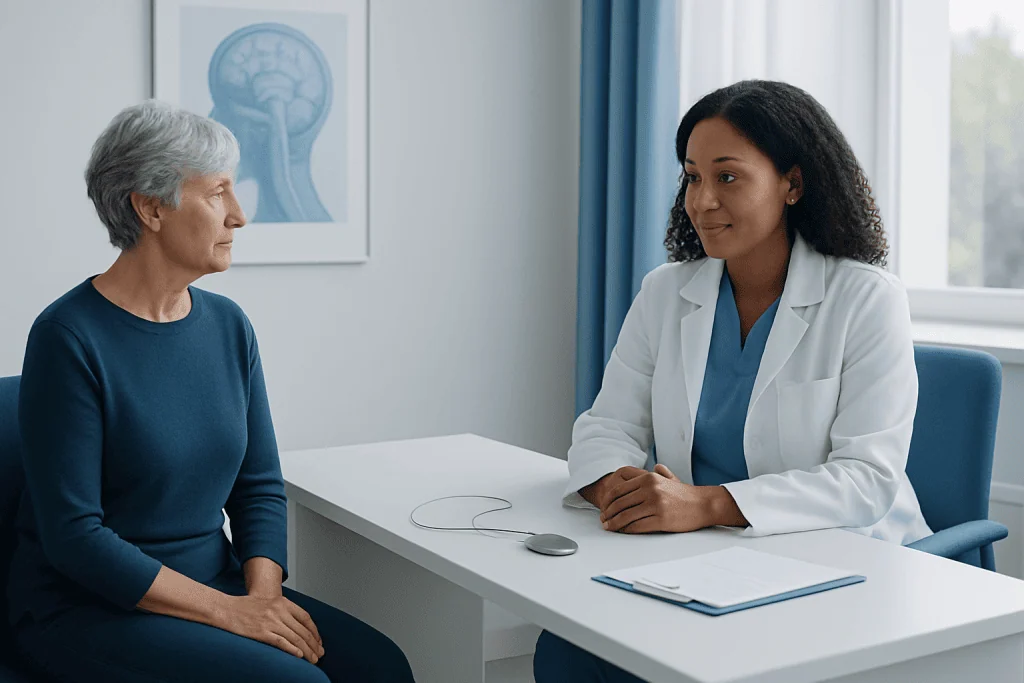 Doctor consulting with an elderly female patient in a medical office.