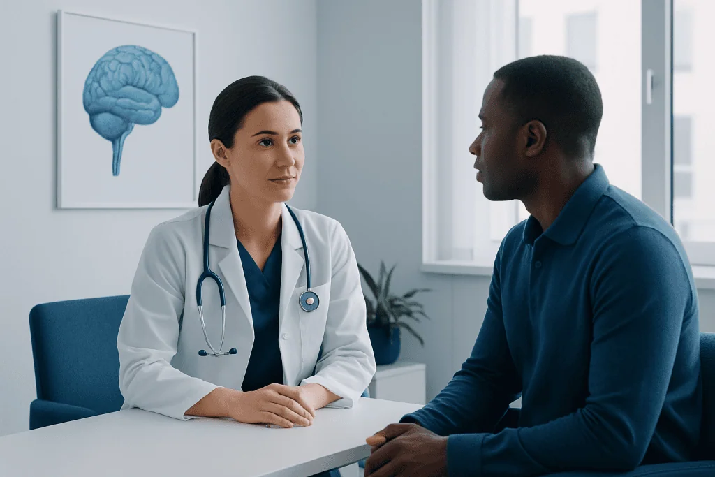 Doctor consulting with patient in a medical office with brain diagram on the wall.