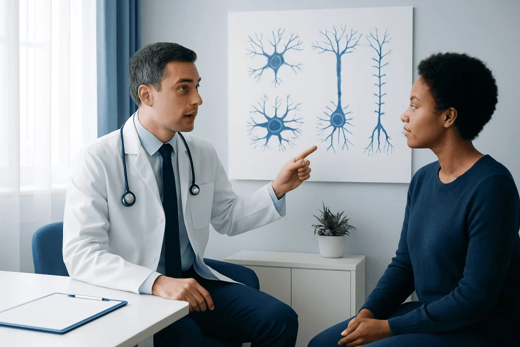 Doctor explaining neuron structure to patient in consultation room.