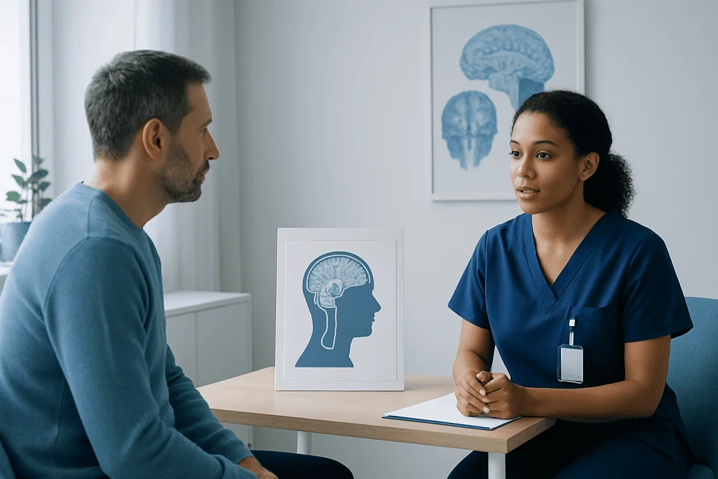 Doctor explaining neurostimulation to patient in a medical consultation room.
