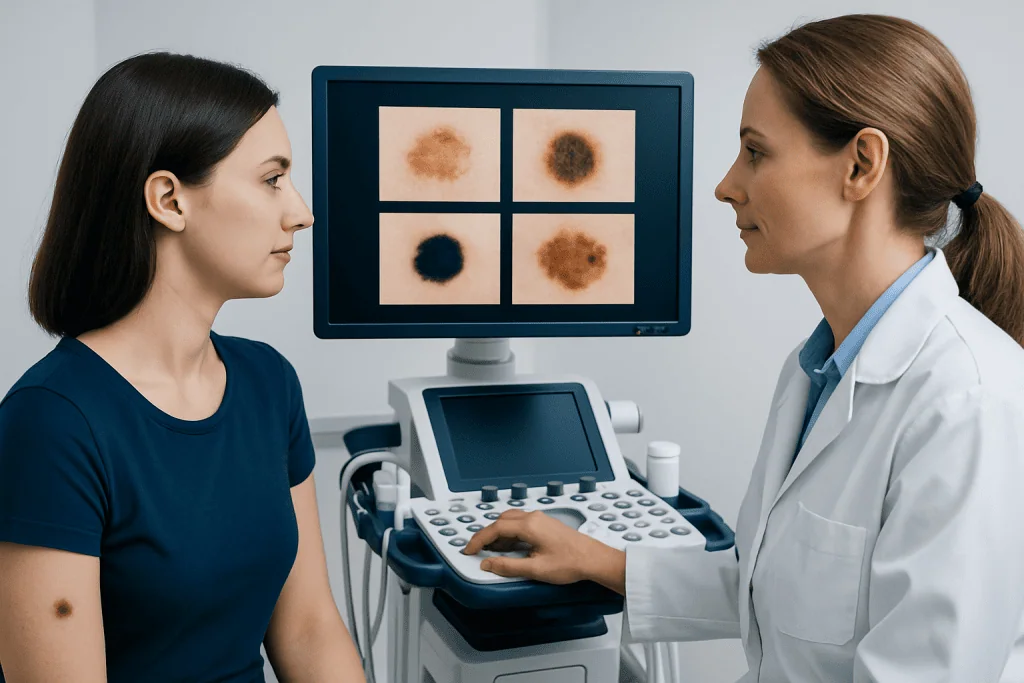Dermatologist examining skin moles with dermatoscope for skin health assessment.