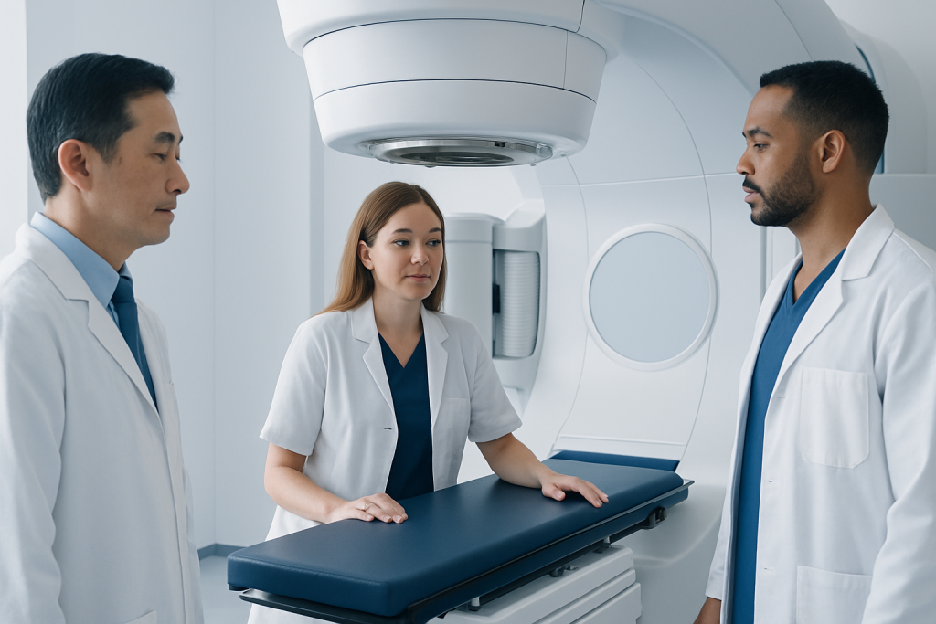 Medical team preparing for an MRI scan in a hospital setting.