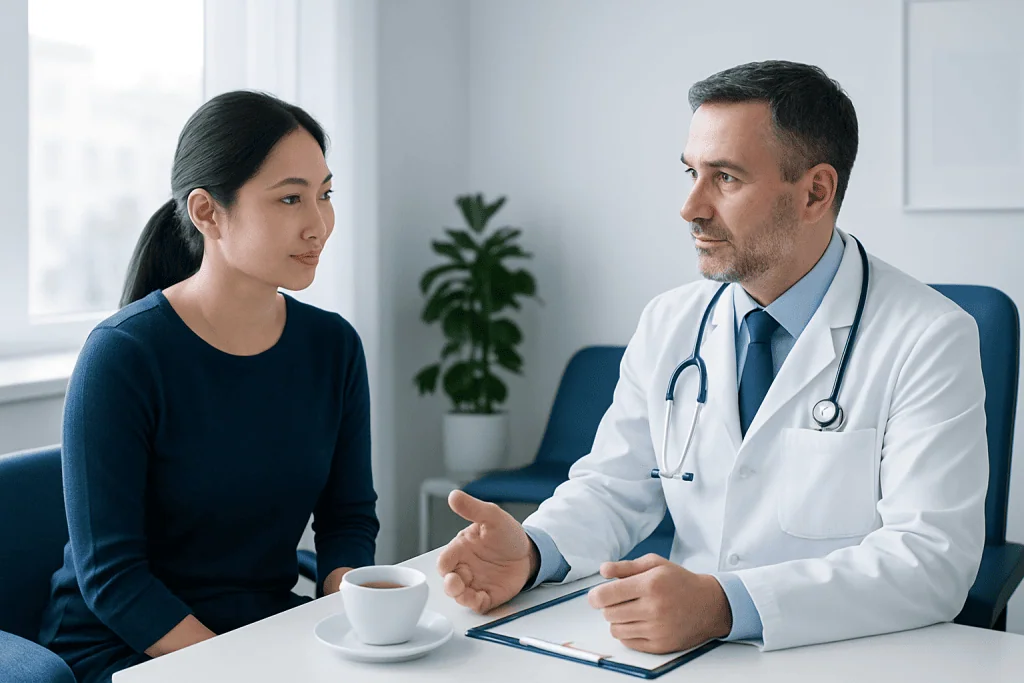 Doctor consulting with a patient in a medical office at Acibadem Hospitals Group.