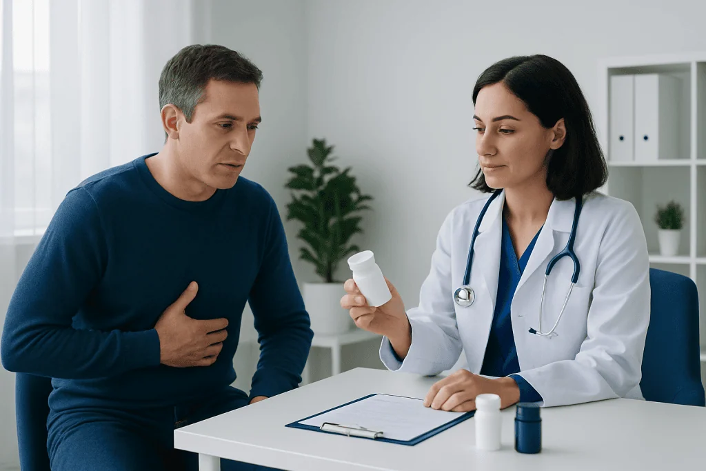 Doctor explaining medication to a patient with acid reflux symptoms.
