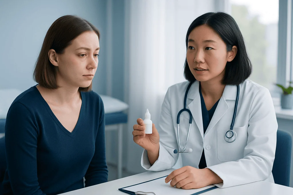 Doctor explaining eye drops to a patient in a clinic setting.