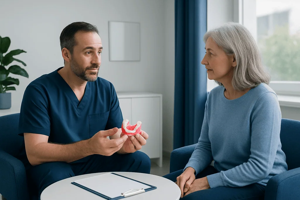 Dentist explaining partial dentures to an elderly woman in a consultation room.