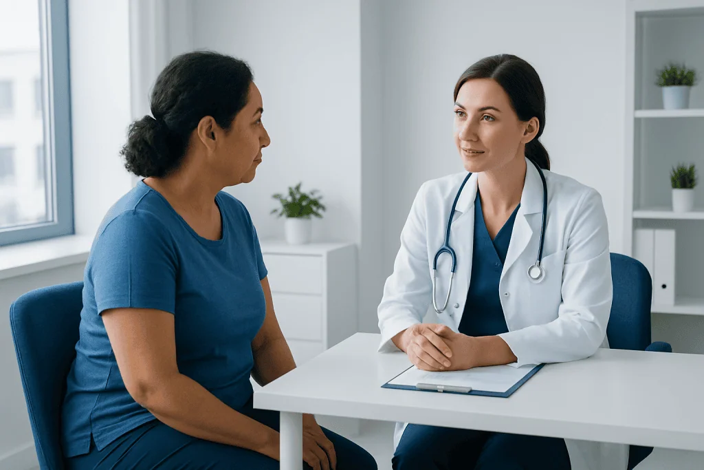 Doctor consulting with a patient in a modern medical office.