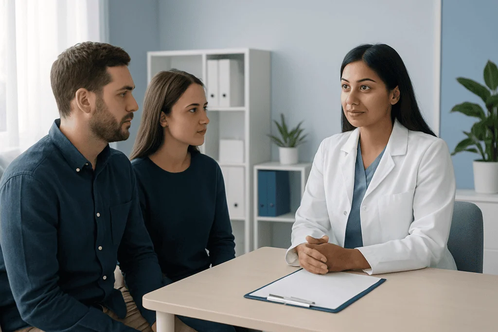 Doctor consulting with couple about paternity testing options at Acibadem Hospital.