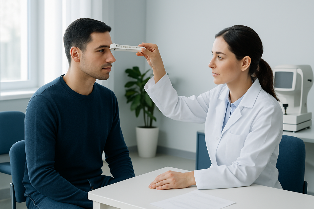 Optometrist measures patient's pupillary distance in a clinical setting.