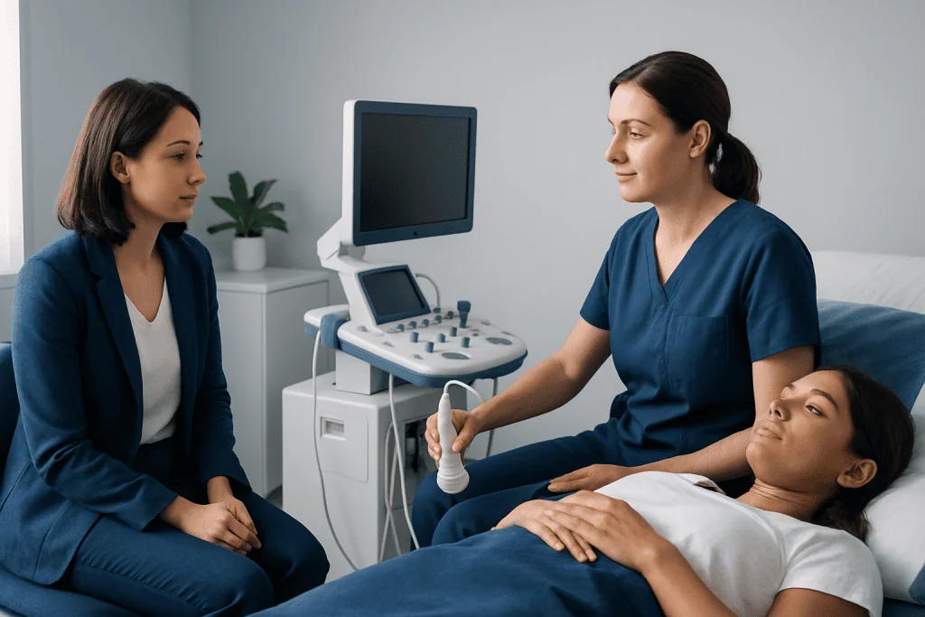 Patient undergoing pelvic ultrasound at Acibadem Hospital with medical staff.