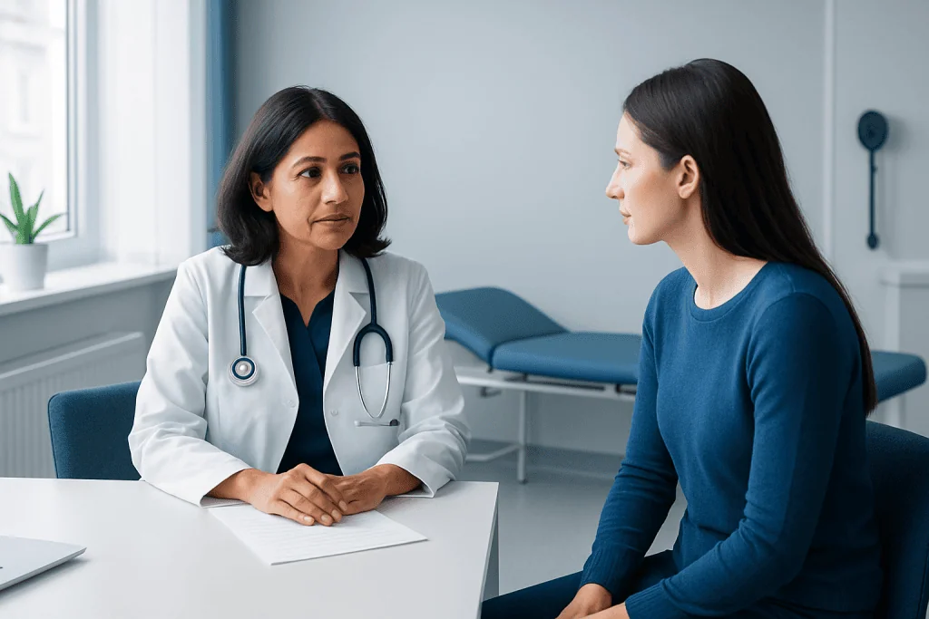 Doctor consulting with a patient in a modern medical office.