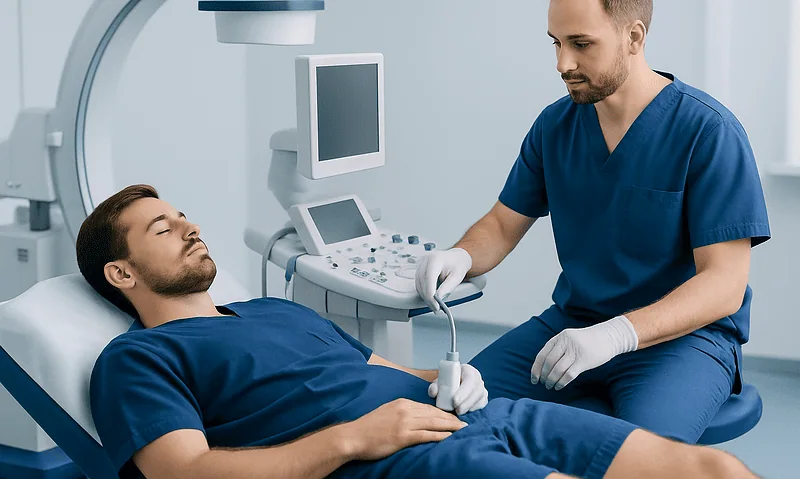 Urologist performing ultrasound examination on male patient in clinic.