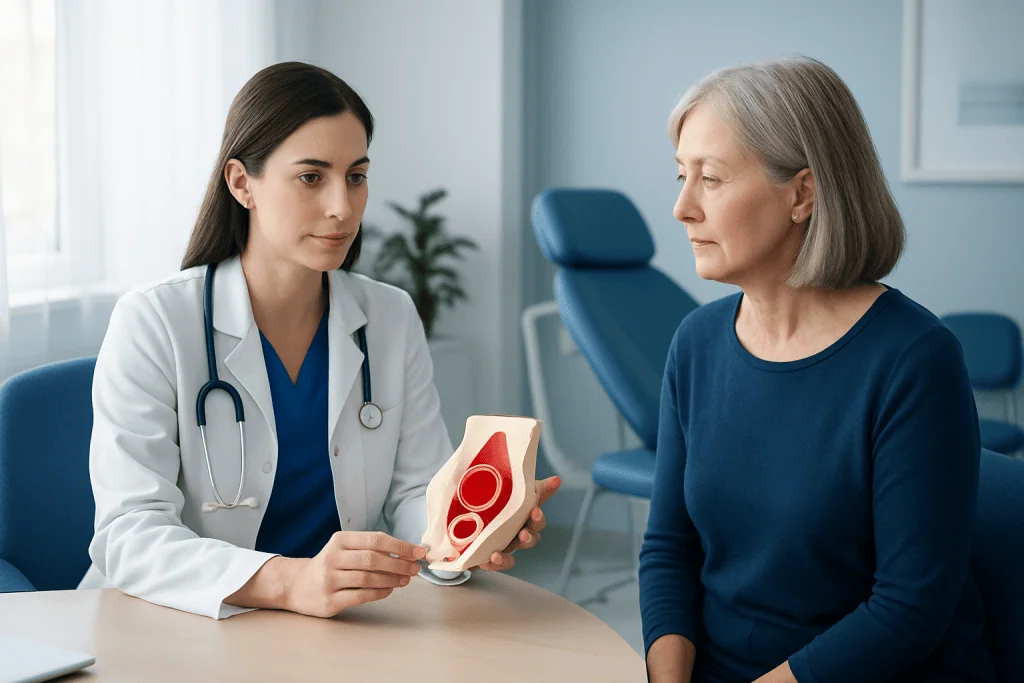 Doctor explaining pessary use to an older woman in a medical consultation.