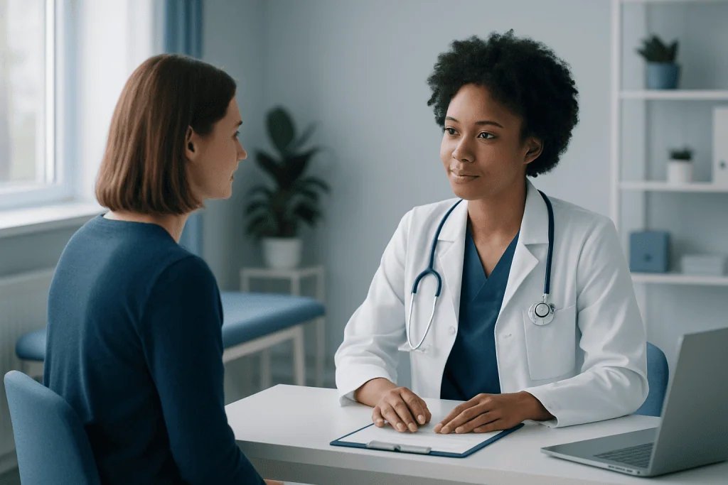 Doctor consulting with a patient in a modern medical office.