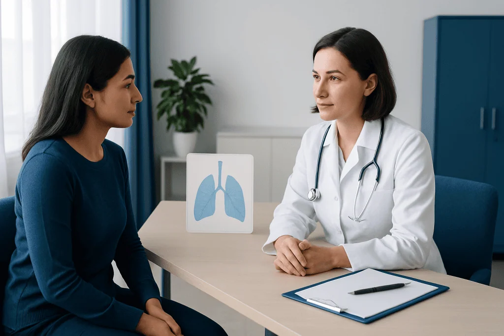 Doctor consulting with patient about lung health and pneumonia risks.