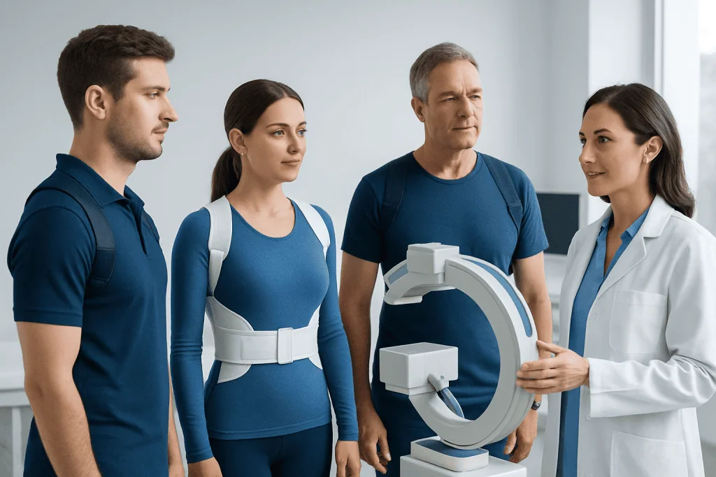 Medical professional explains spine scan to patients at Acibadem Hospital.