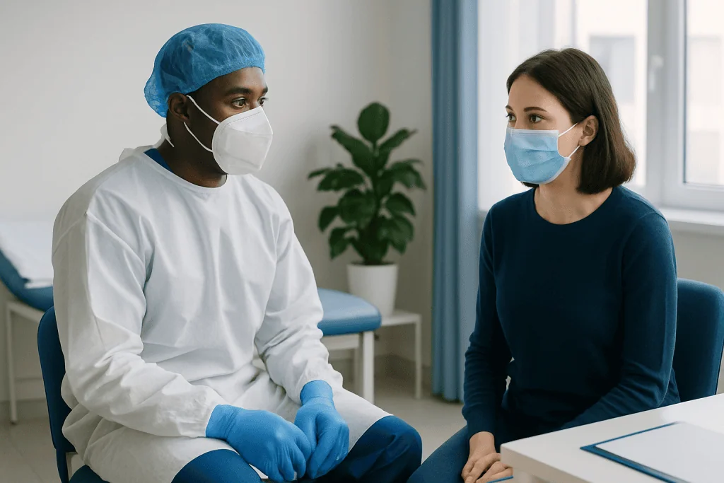 Healthcare professionals wearing masks and protective gear in a consultation room.