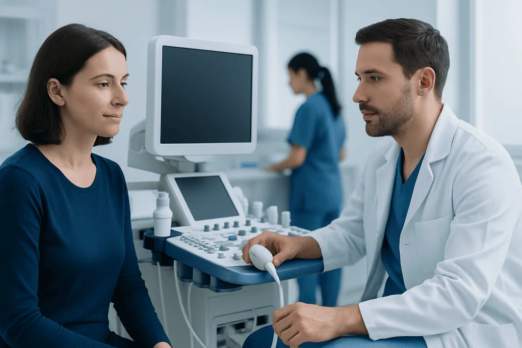 Doctor performing an ultrasound examination on a patient in a hospital setting.