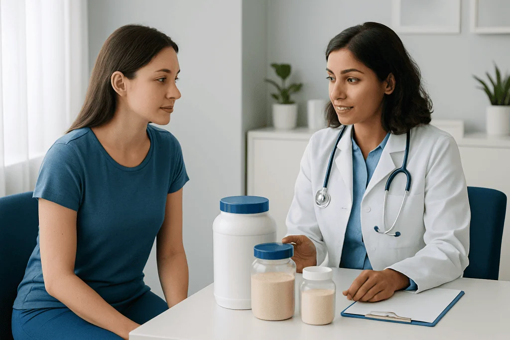 Doctor consulting a young woman about health supplements in a clinic setting.