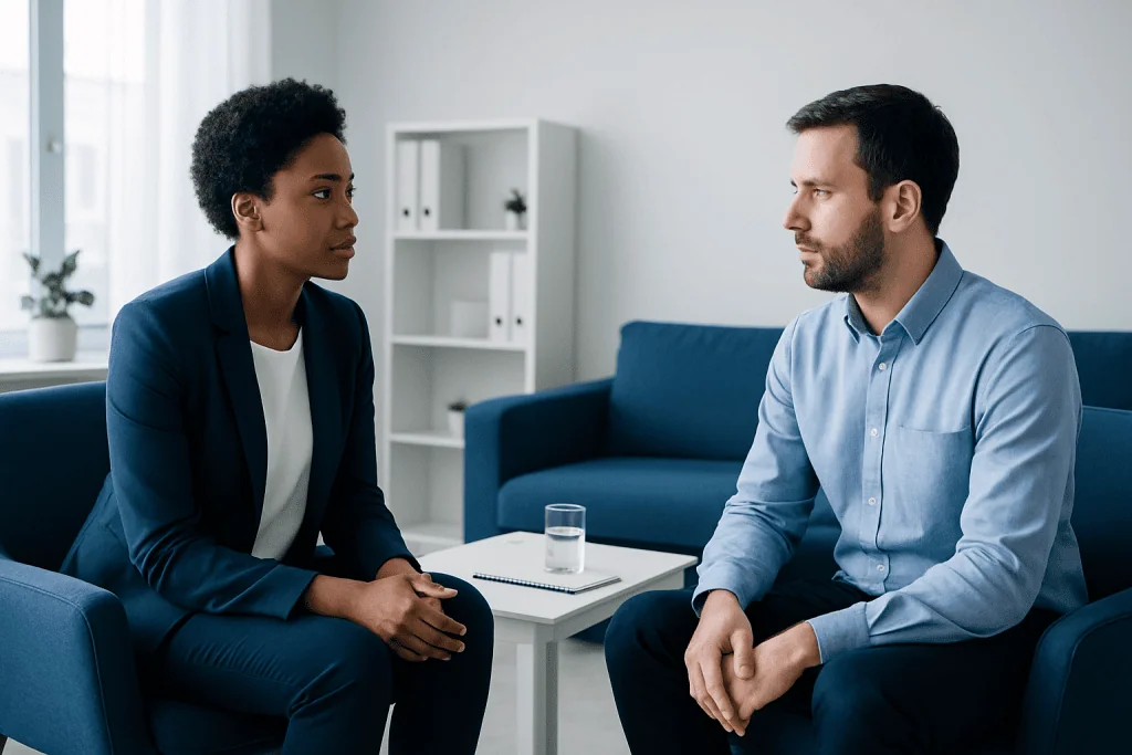 Therapist and patient in a counseling session at Acibadem Hospitals Group.