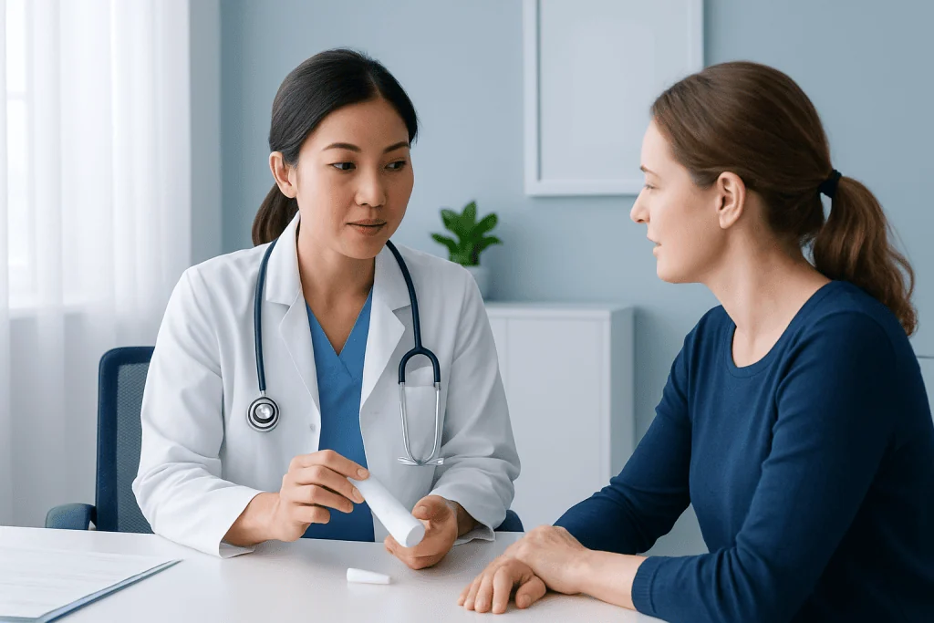 Doctor explaining rash treatment to patient in consultation room.