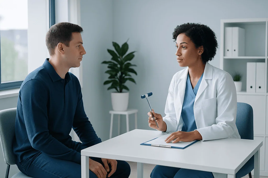 Doctor consulting with patient in a modern medical office.