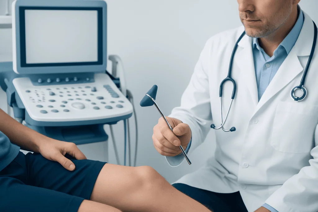 Doctor performing a knee reflex test with an ultrasound device in a medical clinic.