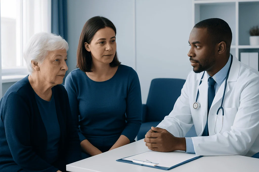 Doctor consulting with elderly patient and her daughter in a medical office.