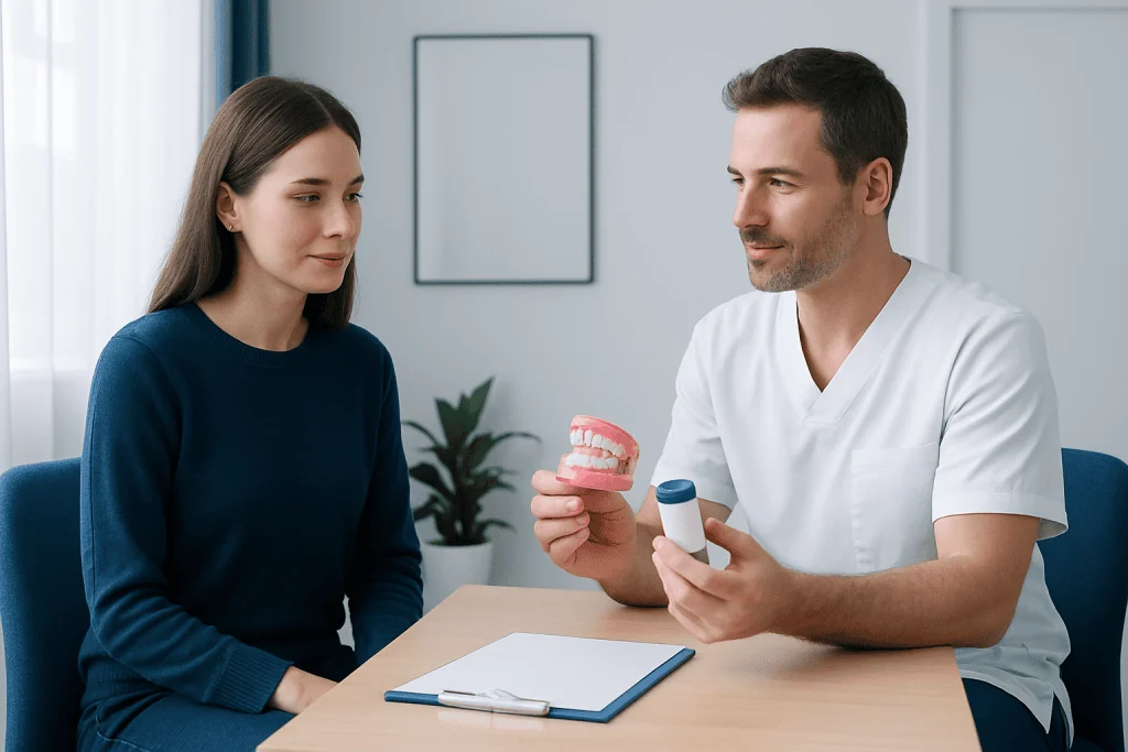 Dentist explaining retainer care to a patient in a consultation room.