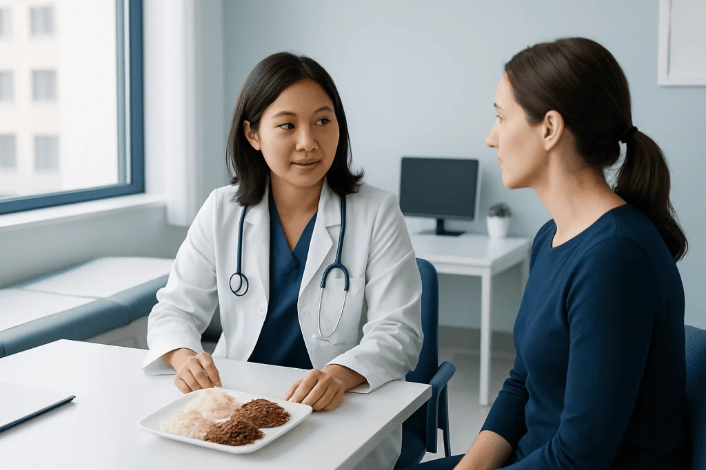 Doctor consulting a patient about healthy diet options in a clinic.