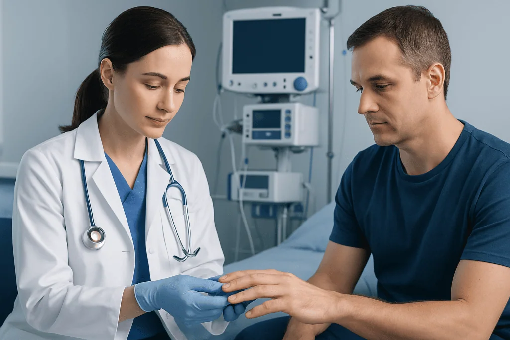 Doctor examining patient's fingernail in a clinical setting.