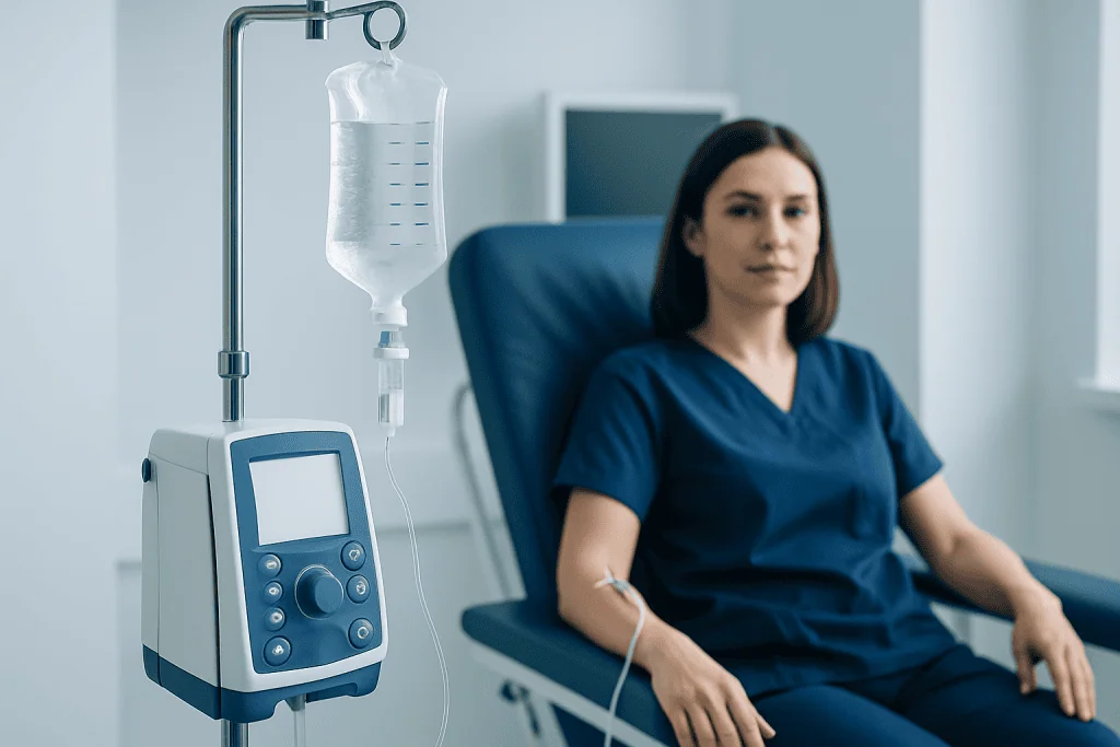 Patient receiving IV therapy in a hospital setting at Acibadem Hospitals Group.