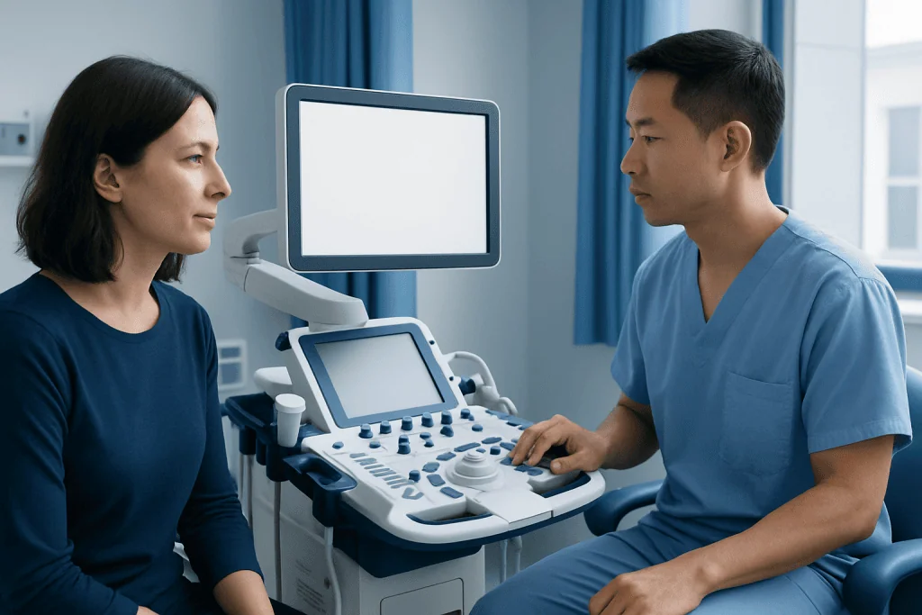Doctor performing ultrasound examination on a patient in a hospital room.