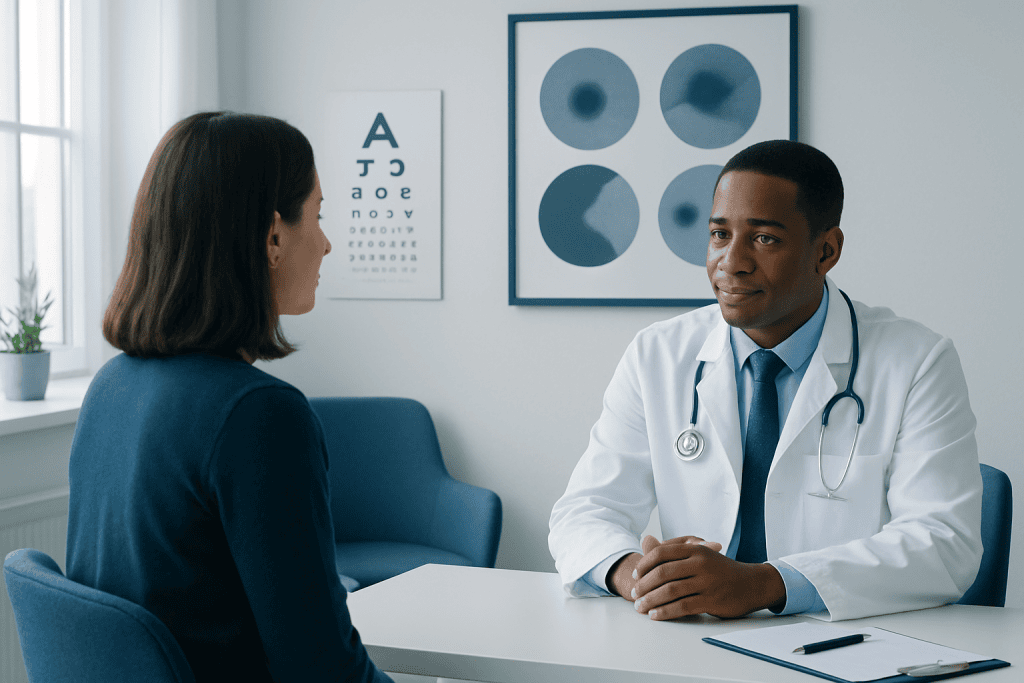 Doctor consulting with patient about eye health and vision tests.