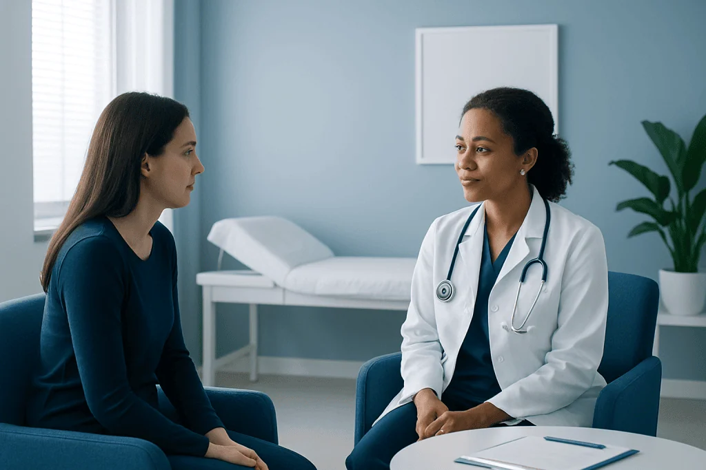 Doctor consulting with a patient in a medical office setting.
