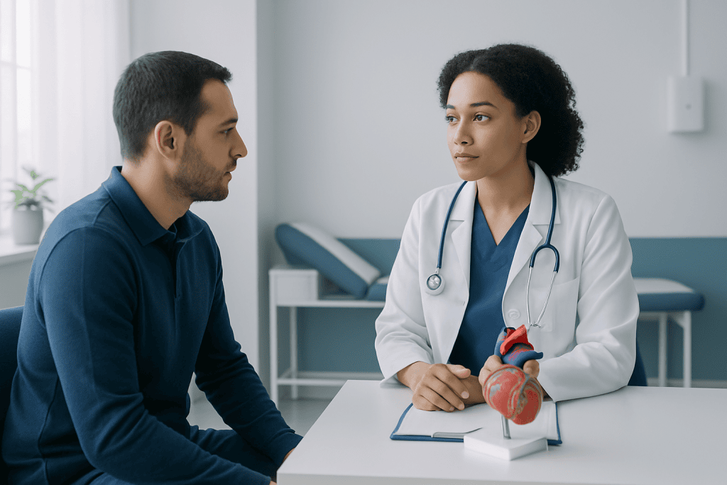 Doctor explaining heart anatomy to patient in a medical consultation room.