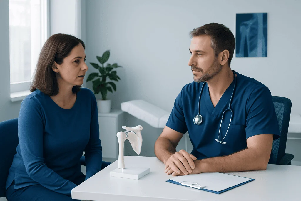 Doctor discussing shoulder surgery options with a patient in a clinic.
