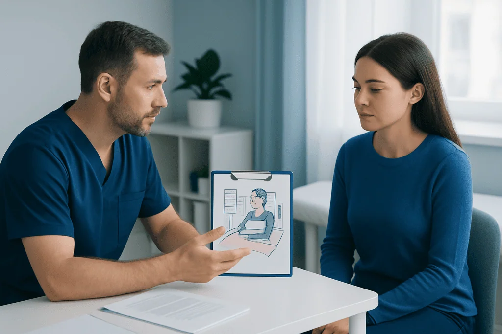 Doctor explaining sleep study results to a patient in a clinic setting.