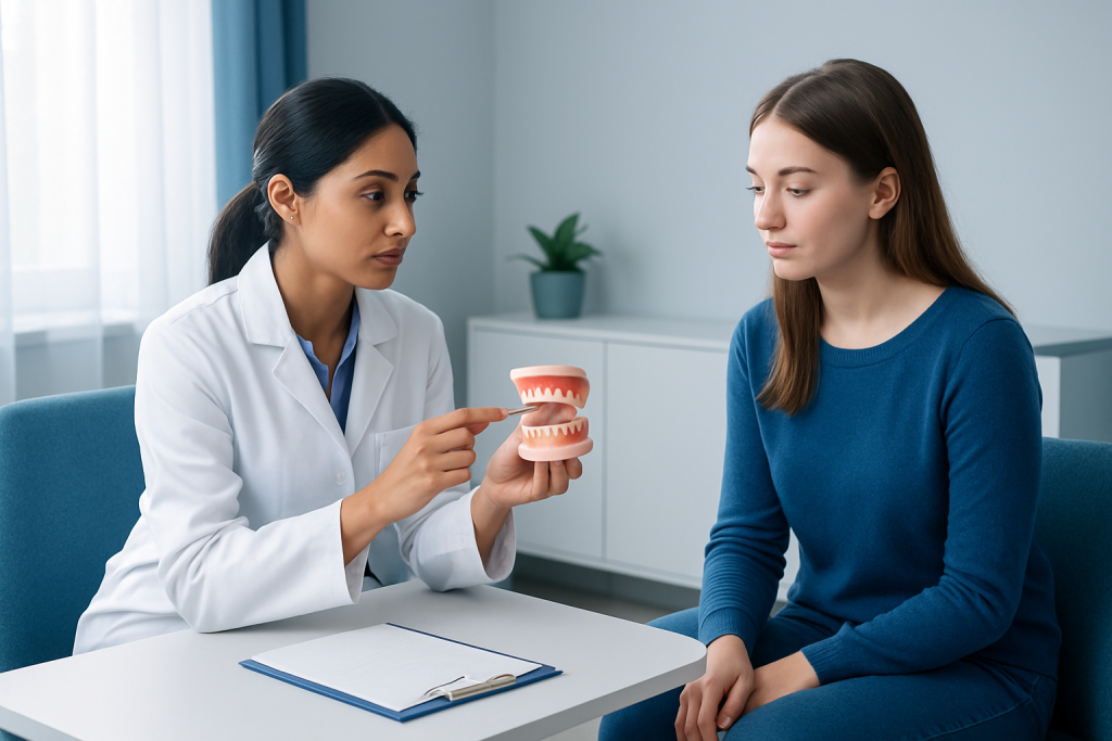 Dentist explaining dental spacers to a patient with a model of teeth.
