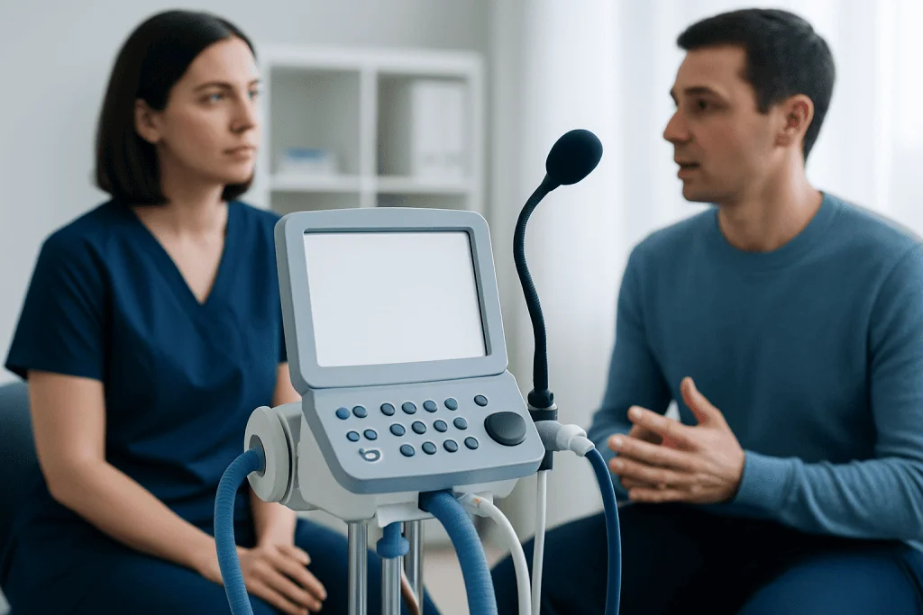 Speech therapy consultation at Acibadem Hospitals Group with medical equipment.