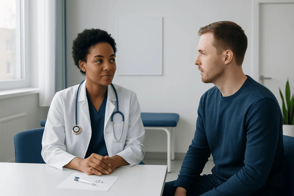 Doctor consulting with male patient in a medical office.