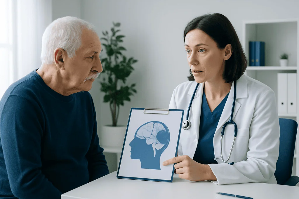 Doctor explaining stroke types to an elderly patient with brain diagram.