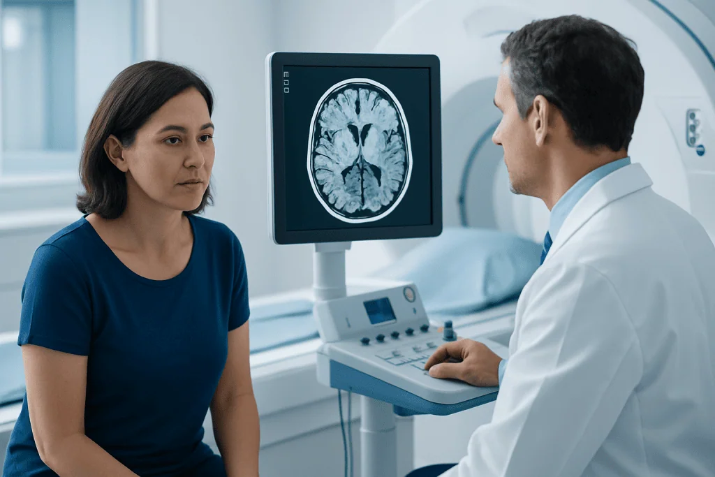 Doctor explaining brain scan results to a patient in a hospital setting.
